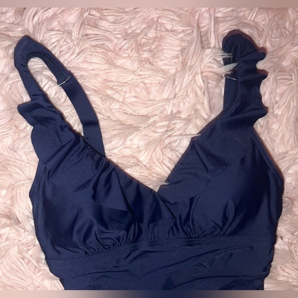 DKNY Swimsuit- One Piece Navy Blue Ruffle Plunge Tummy Control - Picture 4 of 6